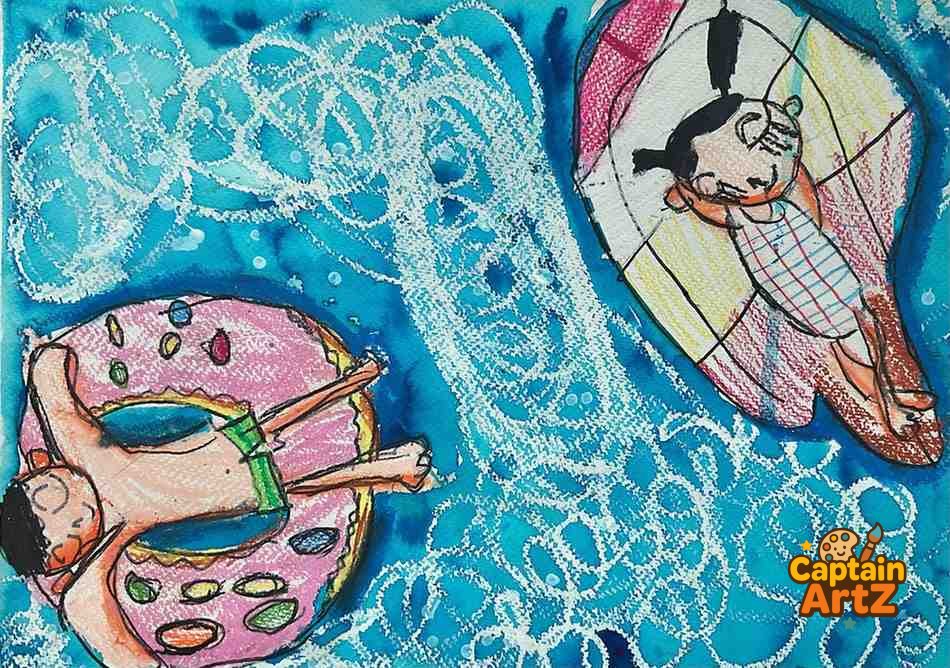 Sweet Summer Swim – Kids Art Crayon Drawing by Captain (Age 5), Cartoons, by Captain ArtZ