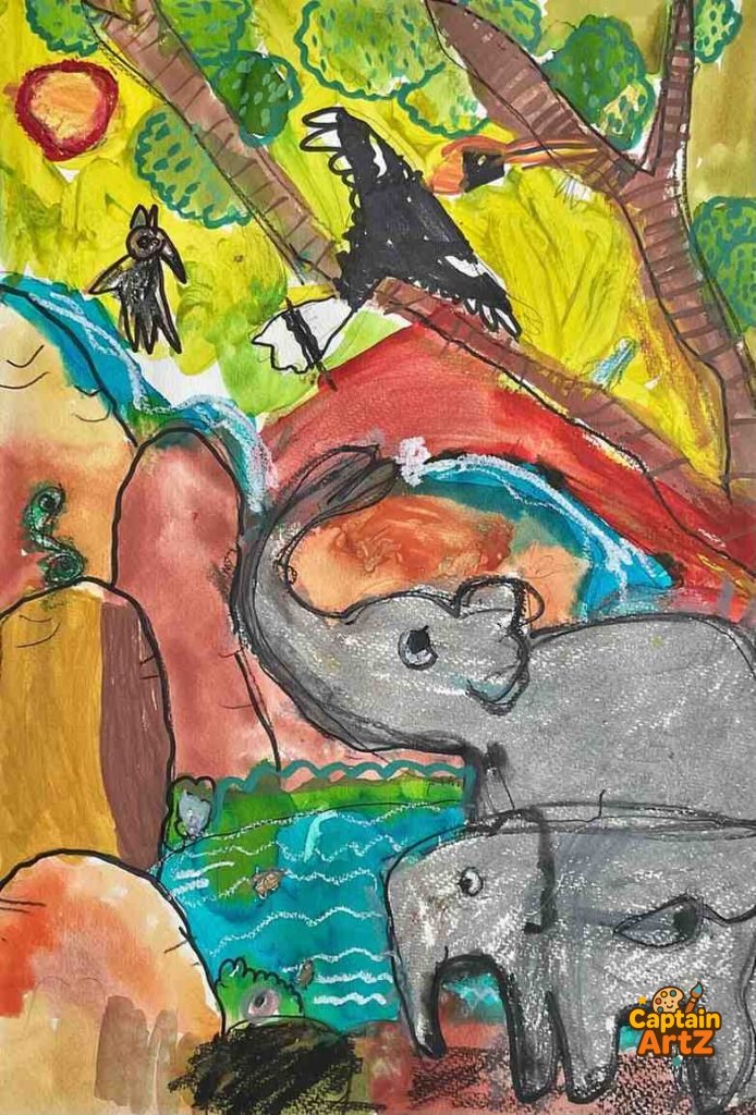 The Elephant Family & The Great Waterfall – Kids Art by Captain, Animals, by Captain ArtZ