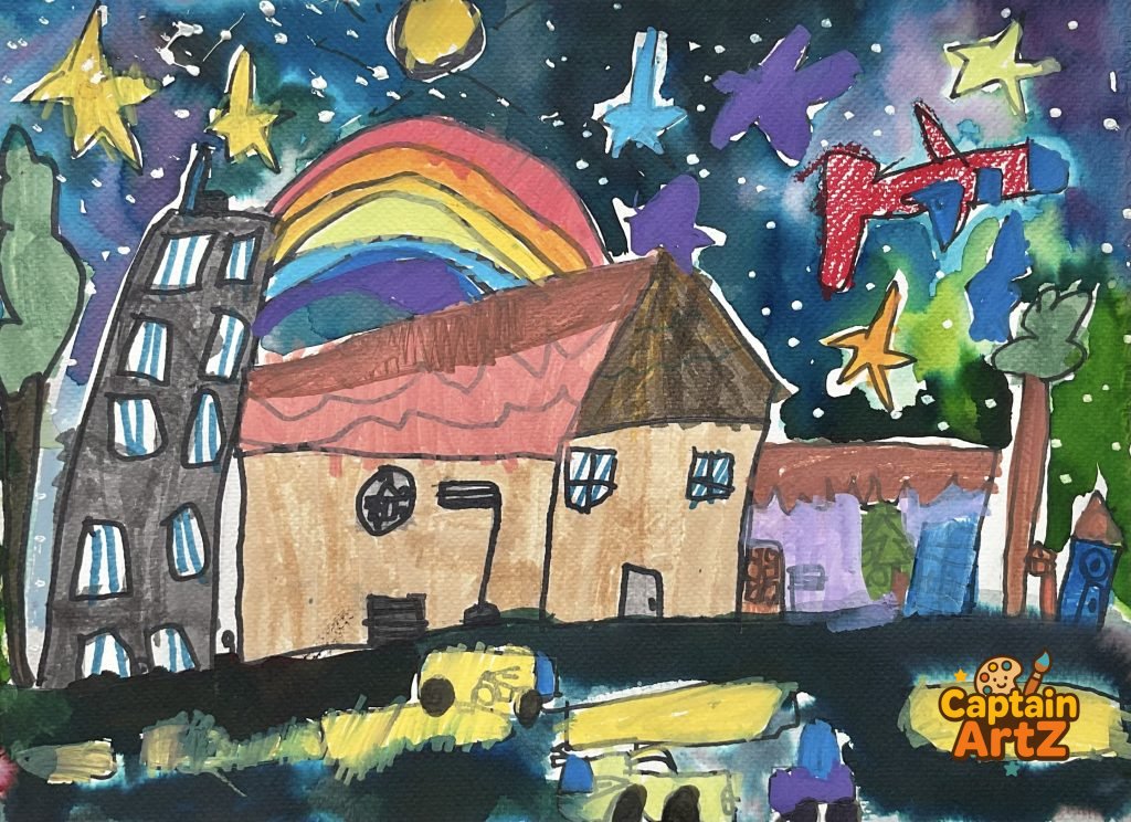 Rainbow Night Over the City – Kids Art by Captain (Age 5), Cartoons, by Captain ArtZ