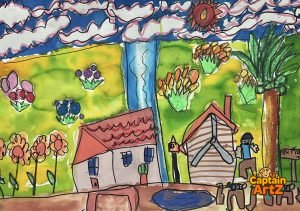 The Cottage, Windmill, and Garden – Kids Art by Captain (Age 5)