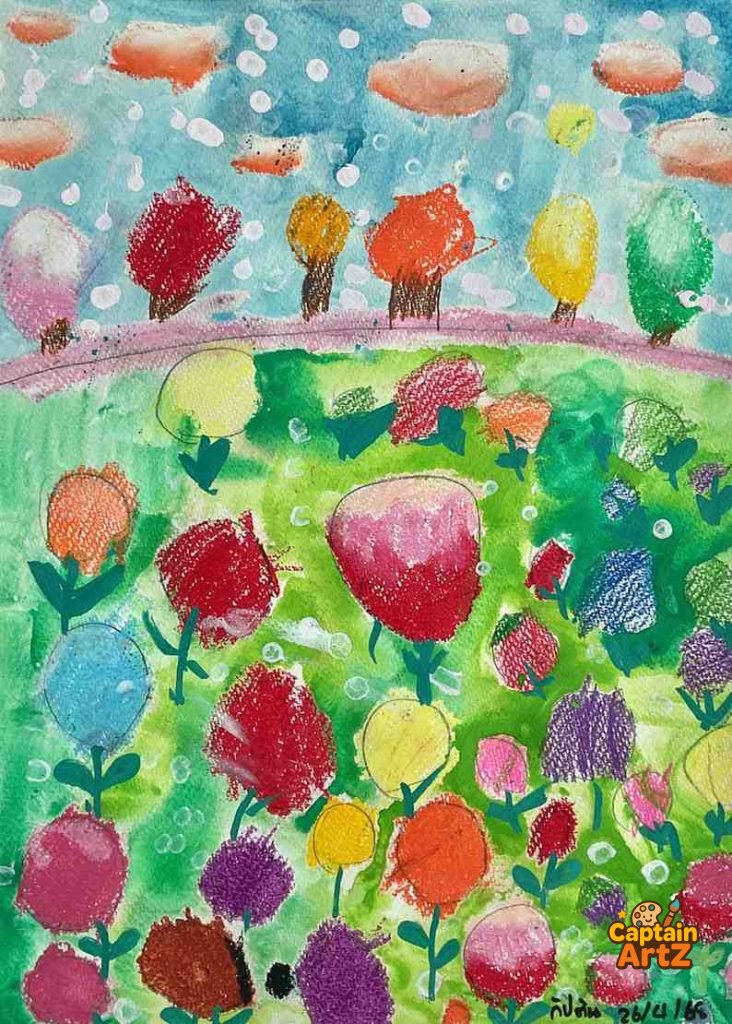 The Whimsical Garden – Kids Art Mixed Media Landscape by Captain, Cartoons, by Captain ArtZ