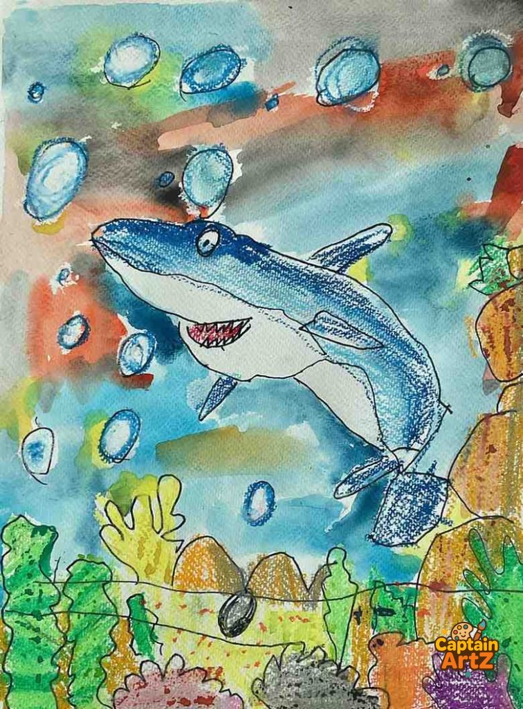 The Great Blue Shark Swim – Kids Art Mixed Media Painting by Captain (Age 5), Animals, by Captain ArtZ