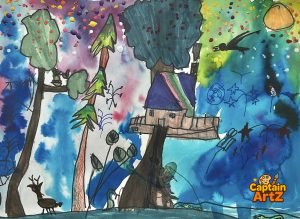 The Enchanted Treehouse Observatory – Kids Art by Captain (Age 5)