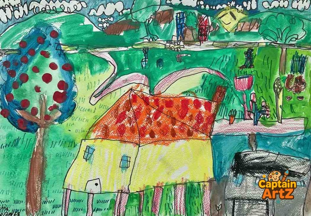 The Happy Farmhouse – Kids Art Crayon Landscape by Captain, Cartoons, by Captain ArtZ