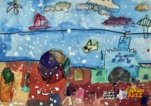 The Giant Beach Ball & Sandcastle – Kids Art by Captain (Age 5)