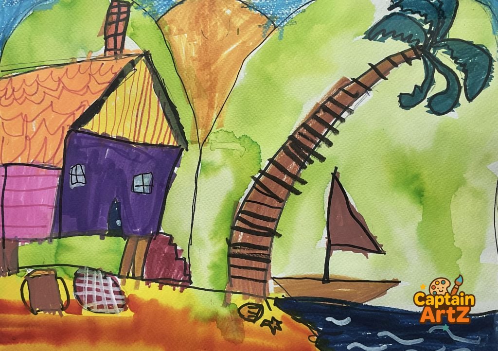 The Purple Cottage by the Sea – Kids Art by Captain (Age 5), Cartoons, by Captain ArtZ