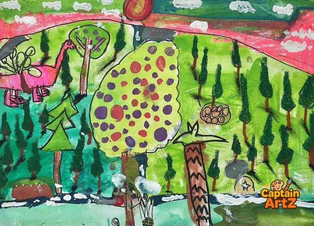 The Pink Dinosaur in the Enchanted Forest – Kids Art by Captain, Animals, by Captain ArtZ