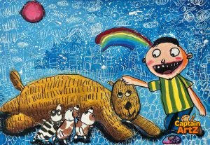 Boy with His Best Friends – Kids Art Crayon Drawing by Captain (Age 5)