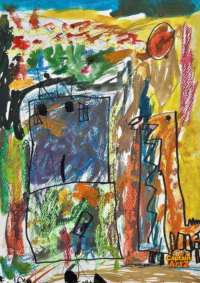 The Giraffe and the Blue House – Kids Art Illustration by Captain, Animals, by Captain ArtZ