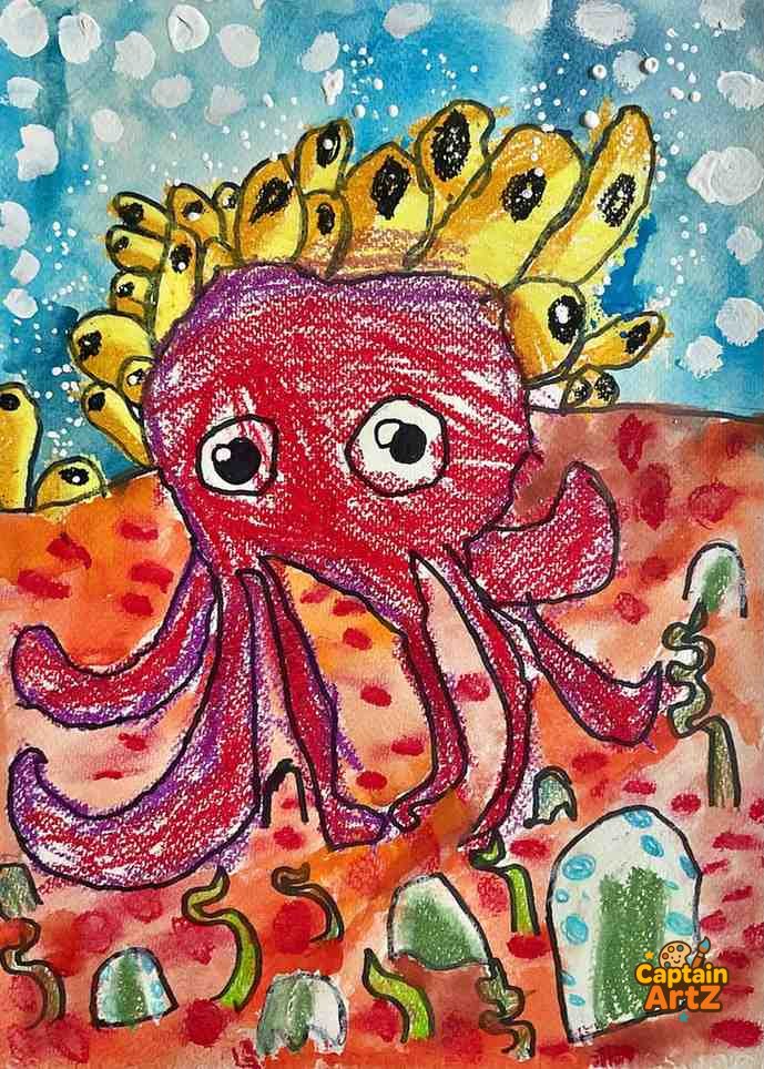 The Happy Octopus – Kids Art Crayon & Watercolor by Captain, Animals, by Captain ArtZ