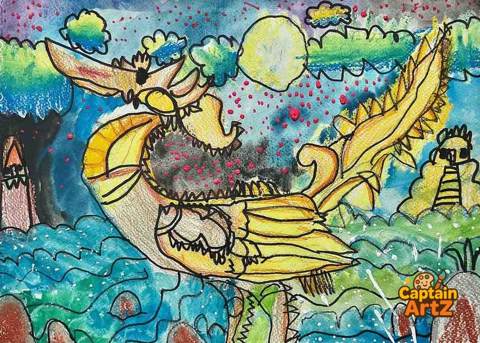 The Golden Dragon’s Flight – Kids Art Fantasy Drawing by Captain, Cartoons, by Captain ArtZ