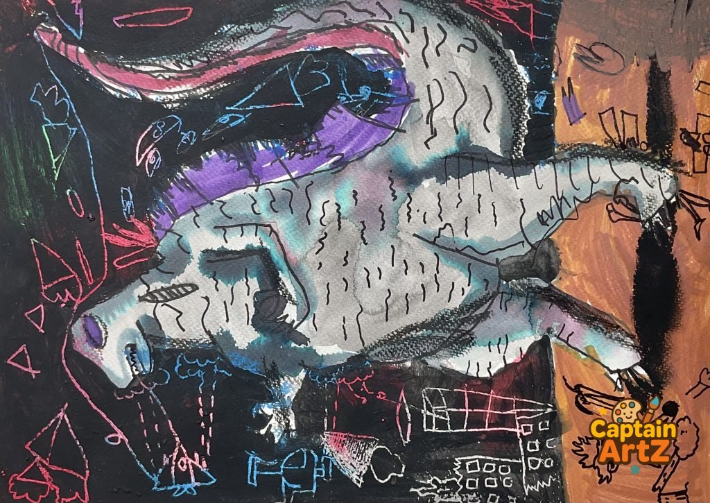 Night of the Neon Kaiju – Abstract Kids Art by Captain (Age 5), Cartoons, by Captain ArtZ