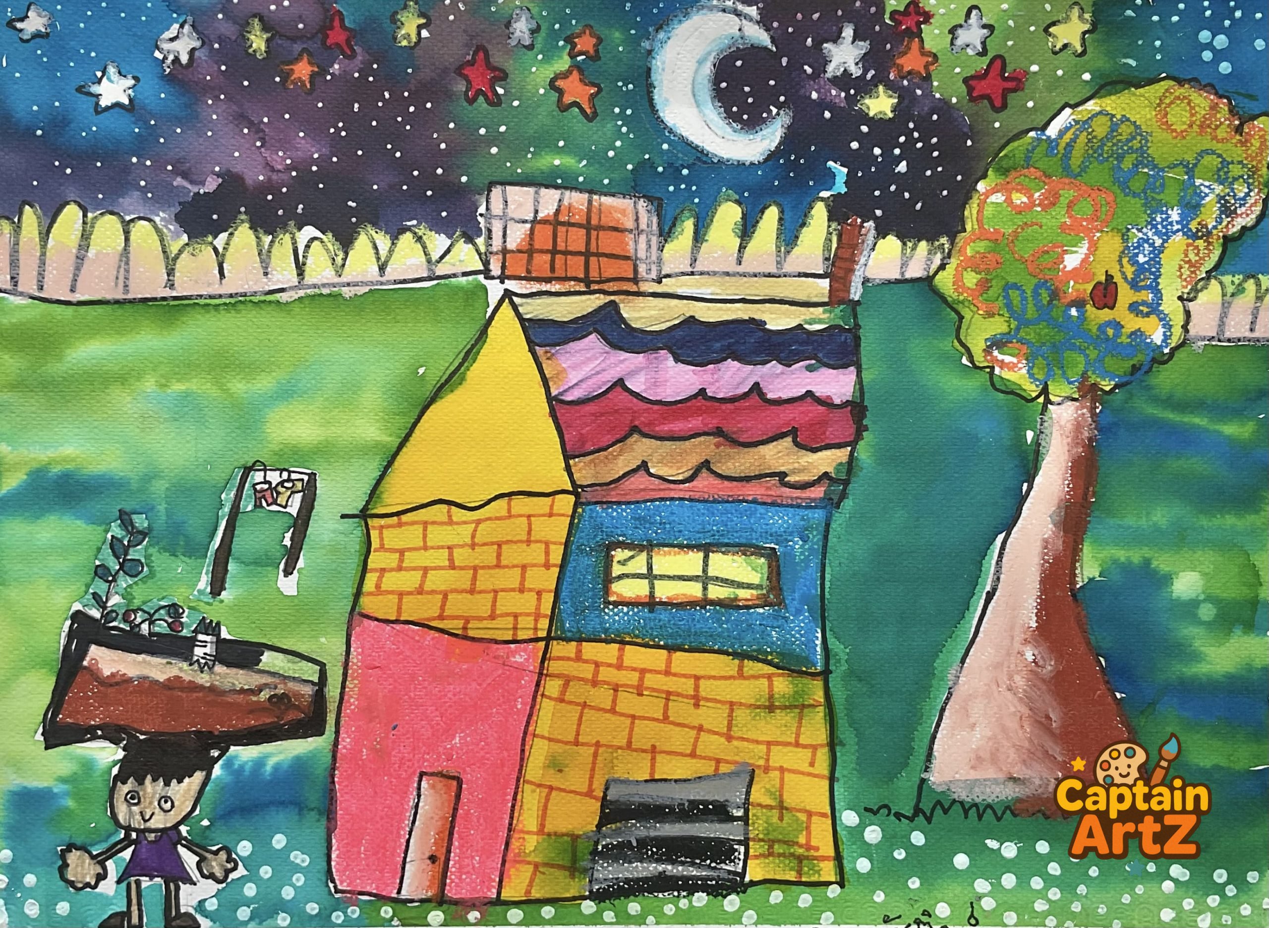 The Colorful House Under a Crescent Moon – Kids Art by Captain — by Captain ArtZ