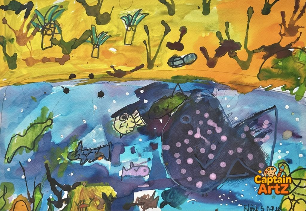 The Giant Spotted Fish of the Blue Lagoon – Kids Art by Captain (Age 5), Animals, by Captain ArtZ