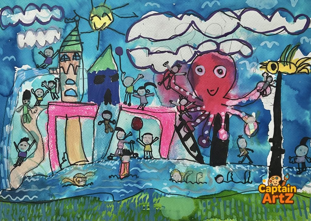 The Giant Octopus Water Park Adventure – Kids Art by Captain (Age 5), Cartoons, by Captain ArtZ