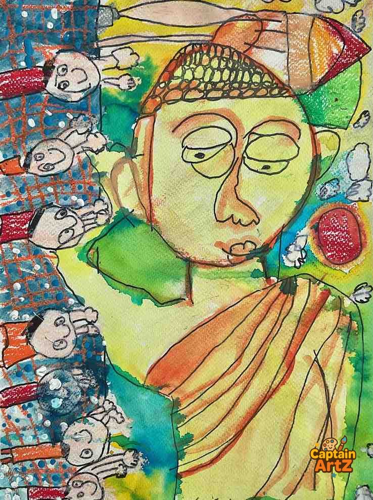 The Golden Monk – Kids Art Crayon & Watercolor by Captain, Cartoons, by Captain ArtZ