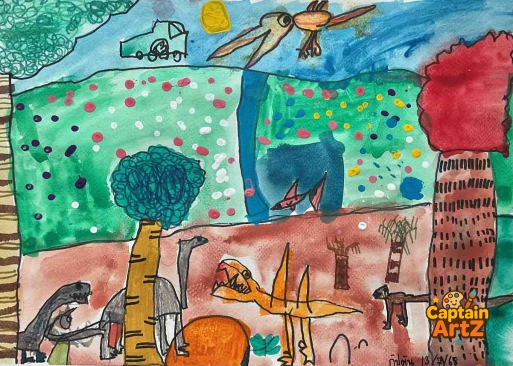 Prehistoric Jungle Adventure – Original Kids Art by Captain (Age 5), Animals, by Captain ArtZ