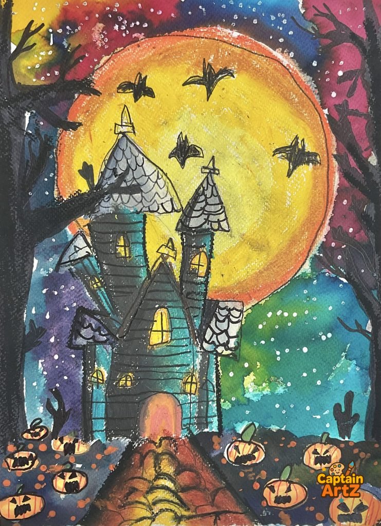 The Spooky Haunted Castle Under a Harvest Moon – Kids Art by Captain, Cartoons, by Captain ArtZ