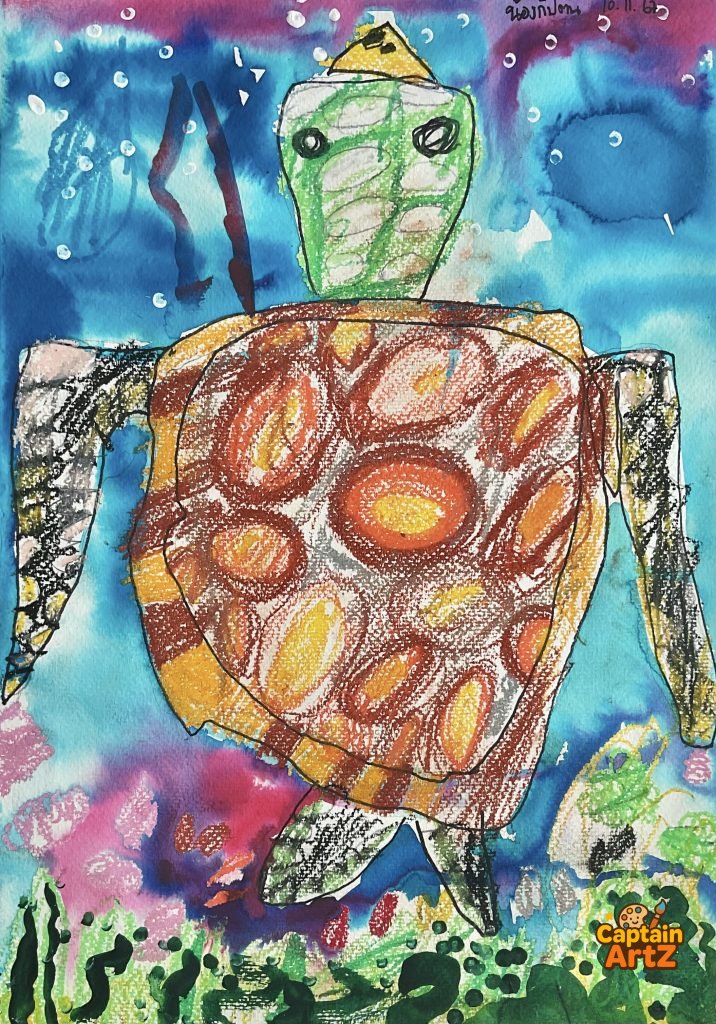 The Golden Sea Turtle – Kids Art Painting by Captain (Age 5), Animals, by Captain ArtZ