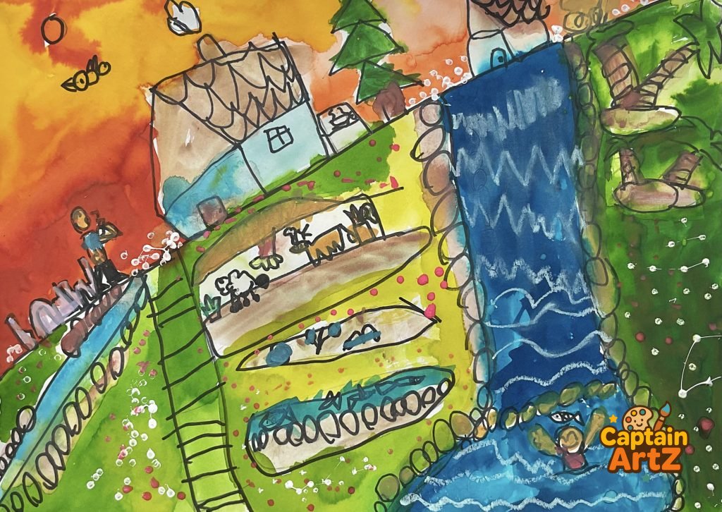 The Waterfall Farm Adventure – Kids Art by Captain (Age 5), Cartoons, by Captain ArtZ