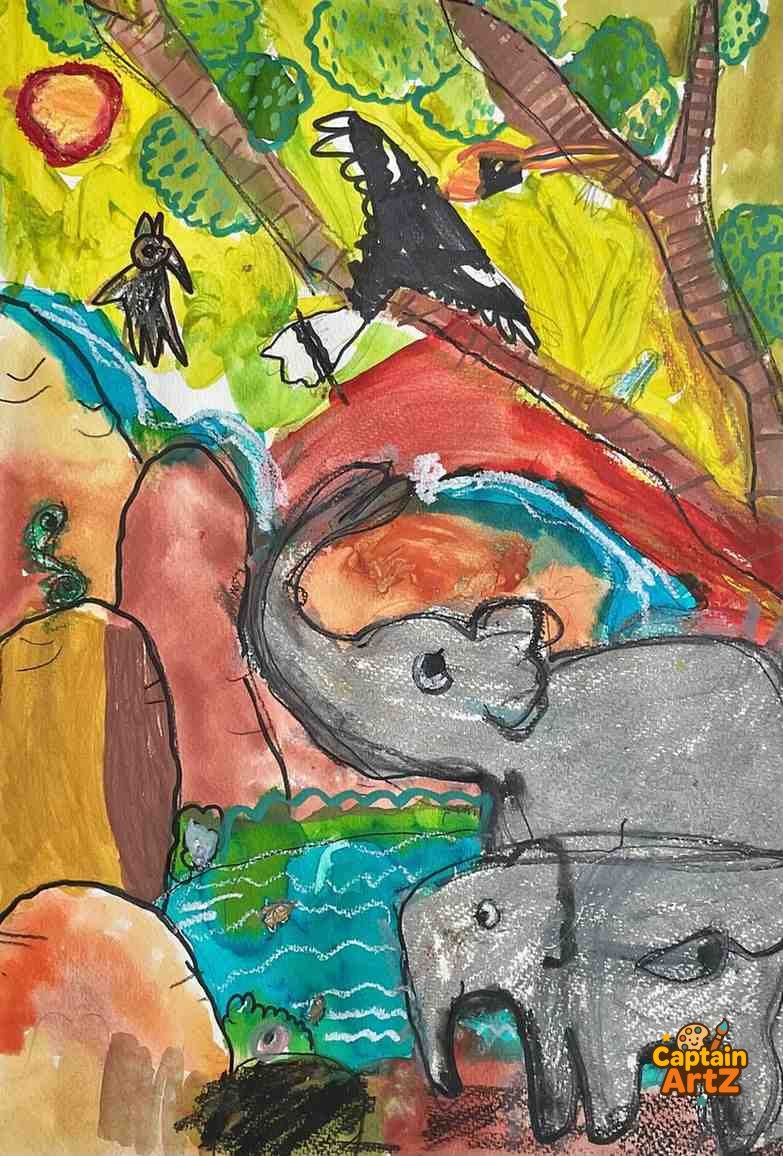 The Elephant Family & The Great Waterfall – Kids Art by Captain — by Captain ArtZ