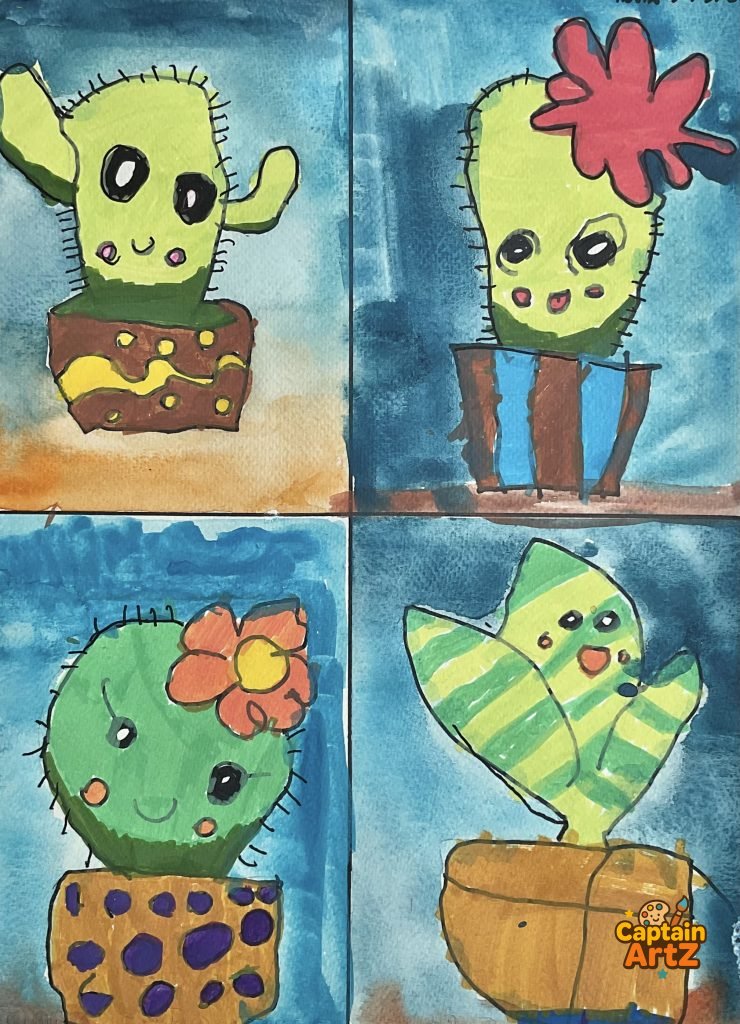 The Happy Cactus Family – 4-Panel Pop Art by Captain (Age 5), Cartoons, by Captain ArtZ