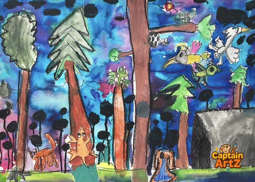 The Glowing Jungle at Twilight – Kids Art by Captain (Age 5), Cartoons, by Captain ArtZ
