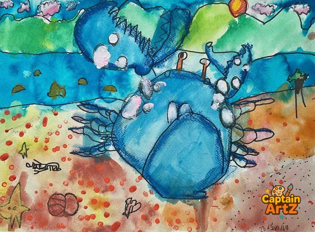 The Giant Blue Crab of the Golden Beach – Kids Art by Captain, Animals, by Captain ArtZ