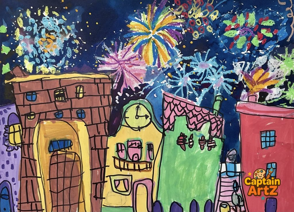 Midnight Celebration Over the City – Kids Art by Captain (Age 5), Cartoons, by Captain ArtZ
