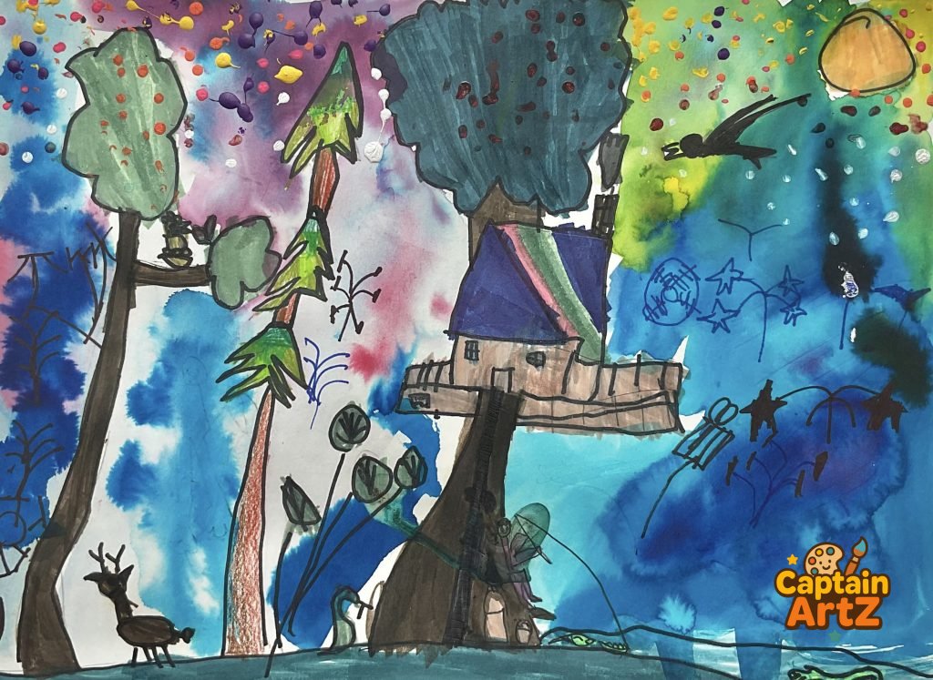 The Enchanted Treehouse Observatory – Kids Art by Captain (Age 5), Cartoons, by Captain ArtZ