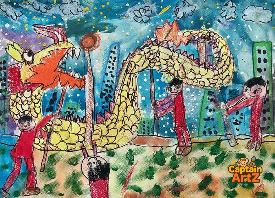 The Grand Dragon Dance – Kids Art Cityscape by Captain (Age 5), Cartoons, by Captain ArtZ