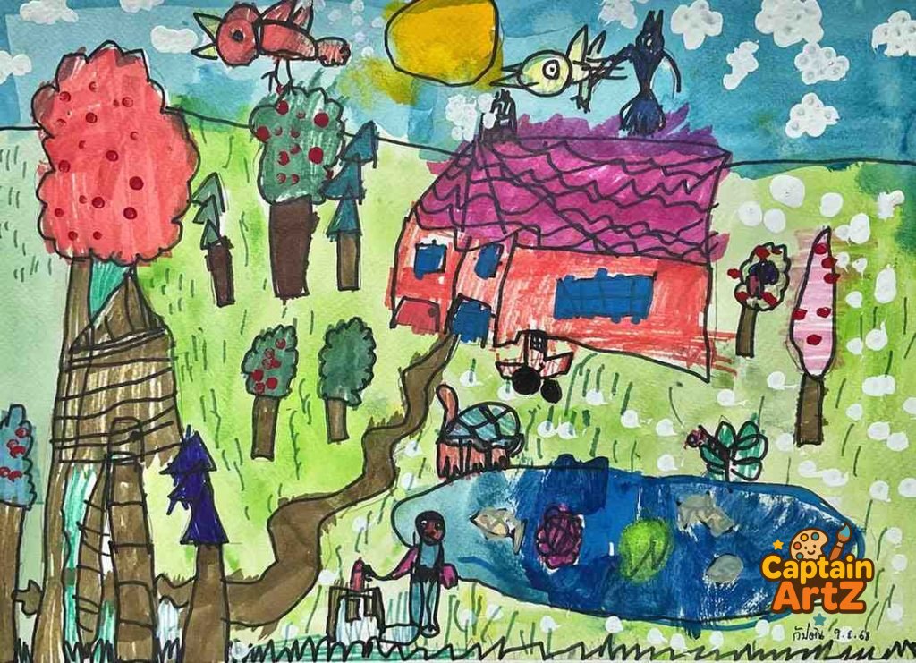 The Happy Red Farmhouse – Original Kids Art by Captain (Age 5), Cartoons, by Captain ArtZ