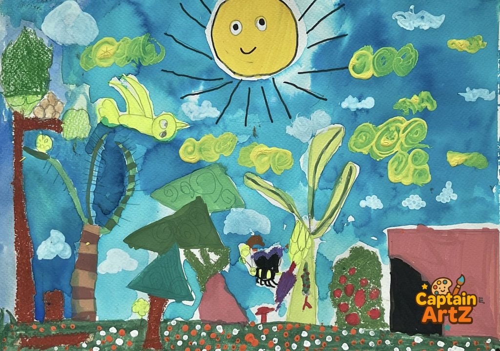 The Joyful Garden & The Smiling Sun – Kids Art by Captain (Age 5), Imagination, by Captain ArtZ