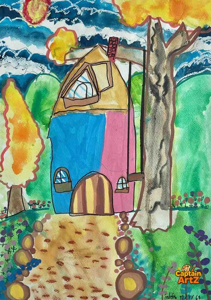 The Colorful Cottage – Kids Art Watercolor Painting by Captain (Age 5), Cartoons, by Captain ArtZ