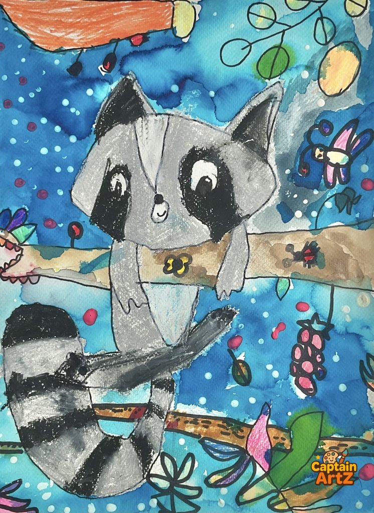 The Curious Raccoon’s Midnight Snack – Kids Art by Captain (Age 5), Animals, by Captain ArtZ