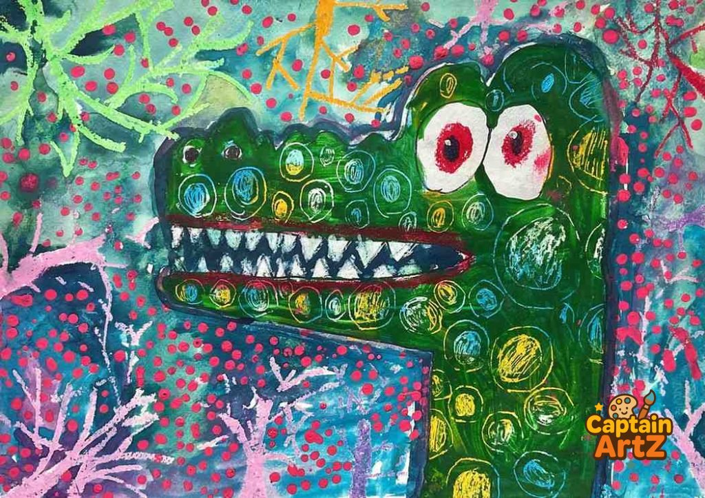 The Neon Predator – Kids Art Crayon & Watercolor by Captain (Age 5), Animals, by Captain ArtZ
