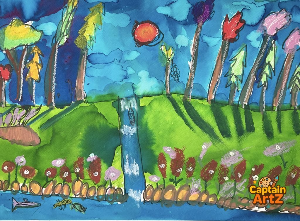 The Sun-Drenched Secret Garden – Kids Art by Captain (Age 5), Cartoons, by Captain ArtZ