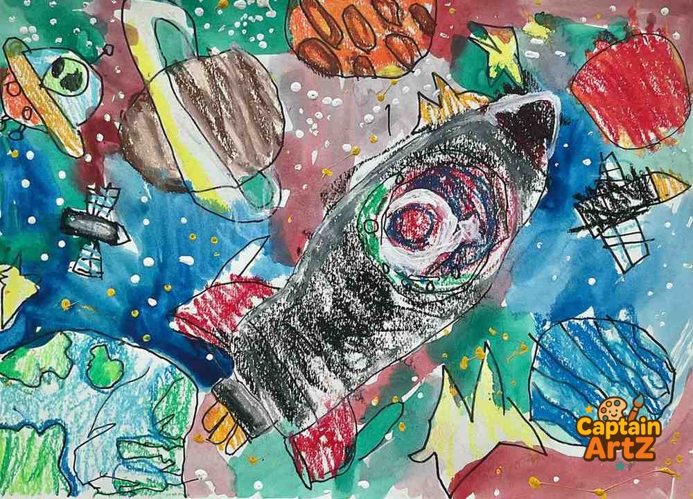 Blast Off into Deep Space – Kids Art Mixed Media by Captain (Age 5), Cartoons, by Captain ArtZ