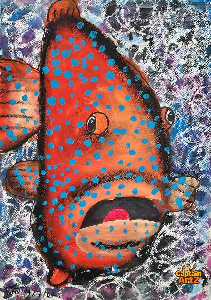 The Spotted Reef Fish – Kids Art Painting by Captain (Age 5), Animals, by Captain ArtZ