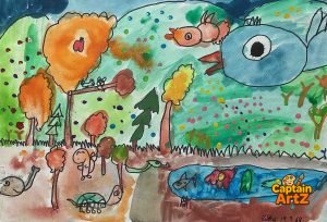 The Giant Blue Bird’s Forest – Original Kids Art by Captain