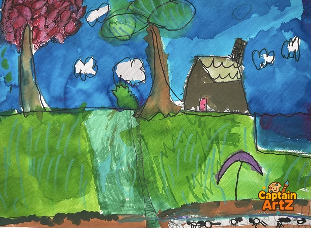 The Cottage on the Green Hill – Kids Art by Captain (Age 5), Cartoons, by Captain ArtZ