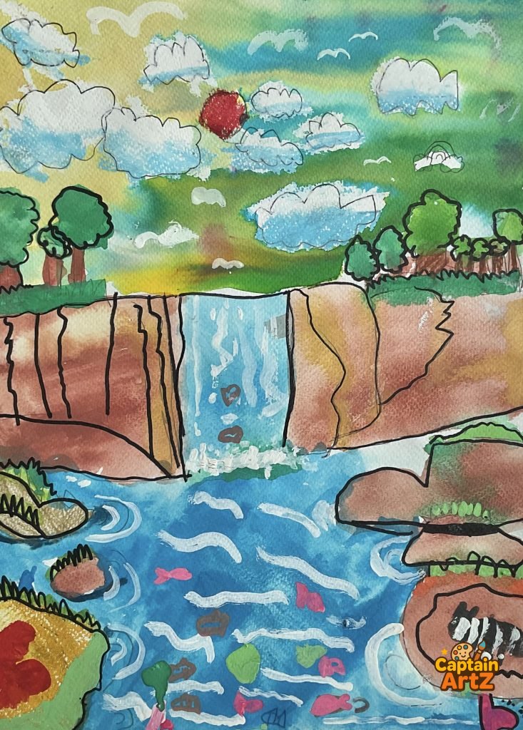 The Great Safari Waterfall – Kids Art by Captain (Age 5), Cartoons, by Captain ArtZ