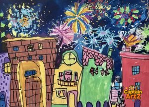 Midnight Celebration Over the City – Kids Art by Captain (Age 5)