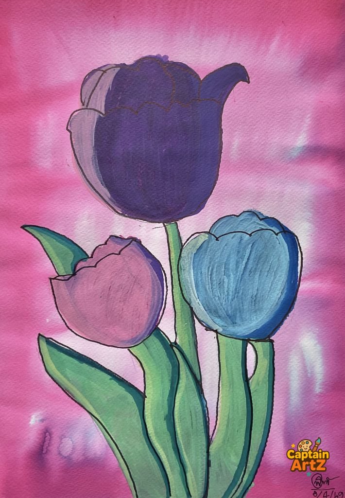 Spring Harmony: Trio of Tulips – Kids Art by Captain (Age 5), Cartoons, by Captain ArtZ