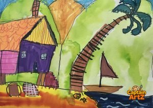 The Purple Cottage by the Sea – Kids Art by Captain (Age 5)