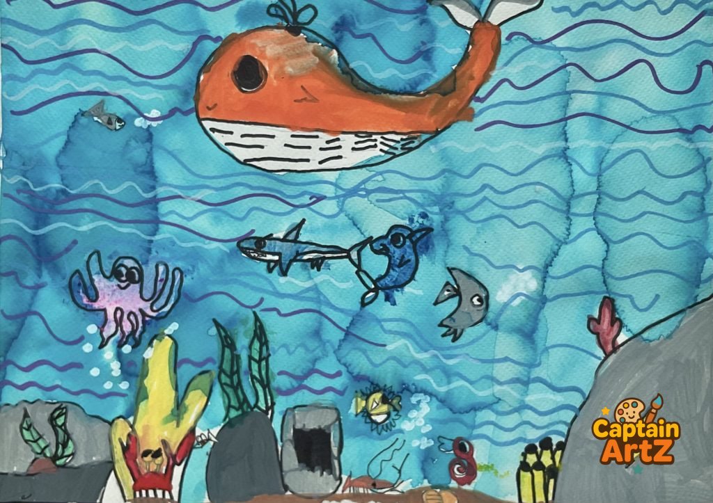The Big Orange Whale’s Reef Adventure – Kids Art by Captain (Age 5), Cartoons, by Captain ArtZ