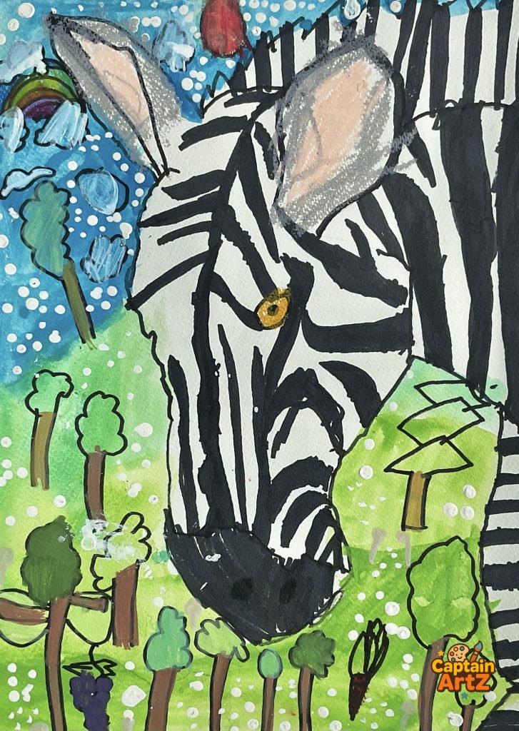 The Bold Zebra Close-Up – Kids Art by Captain (Age 5), Animals, by Captain ArtZ