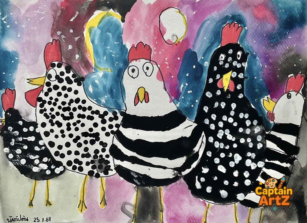 The Polka-Dot Poultry Party – Kids Art by Captain (Age 5), Animals, by Captain ArtZ