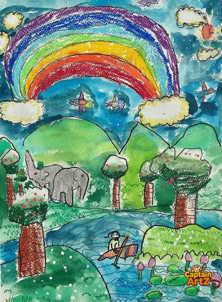 Adventure in the Rainbow Forest – Kids Art by Captain (Age 5), Cartoons, by Captain ArtZ