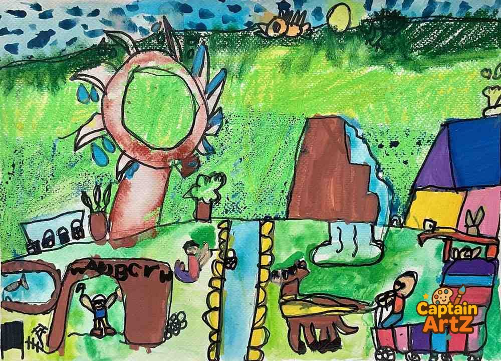 The Giant Sunflower Farm – Kids Art Landscape by Captain (Age 5), Cartoons, by Captain ArtZ